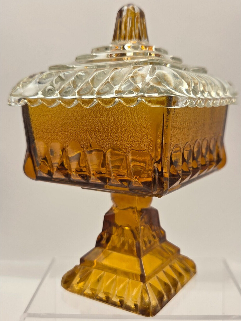 Vintage Art Deco Amber Glass Pedestal Candy Dish w Lid Square Compote